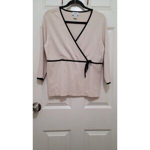 Women's Loft Beige & Black Baby Doll Trim Wrap V Neck Top‎ 3/4 sleeves SIze XL